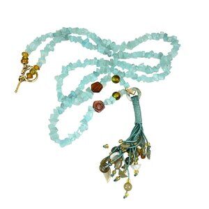 Handcrafted Blue Aquamarine Chip Bead Jade Nephrite Necklace With Tassel Multi-S